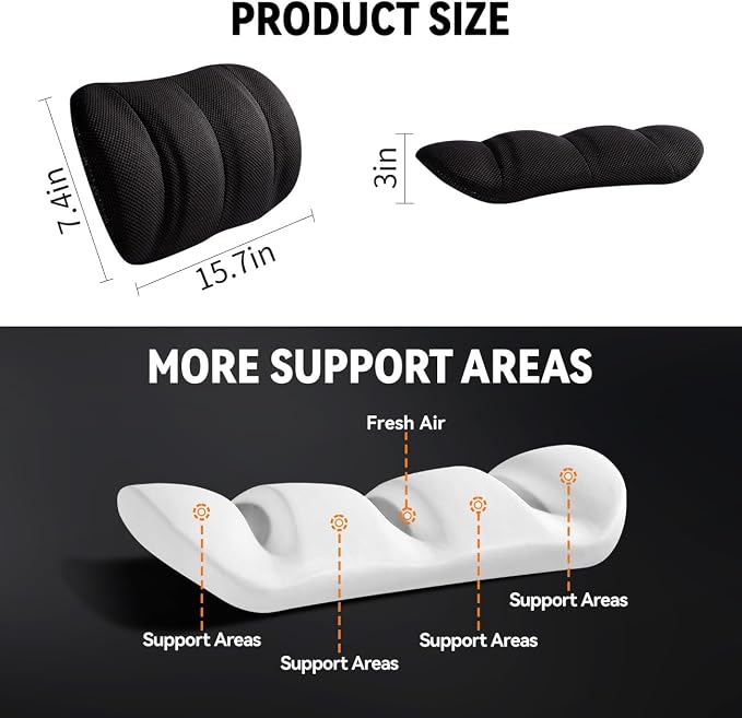 Lumbar Support Pillow for Office Chair & Car,Back Support for Office Chair,Adjustable Straps Securely Fixed Seat (Black)