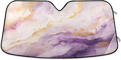 Windshield Sun Shade Purple Gold Marble Front Window Block UV Shades Visor Reflective Retractable for Car SUV Trucks