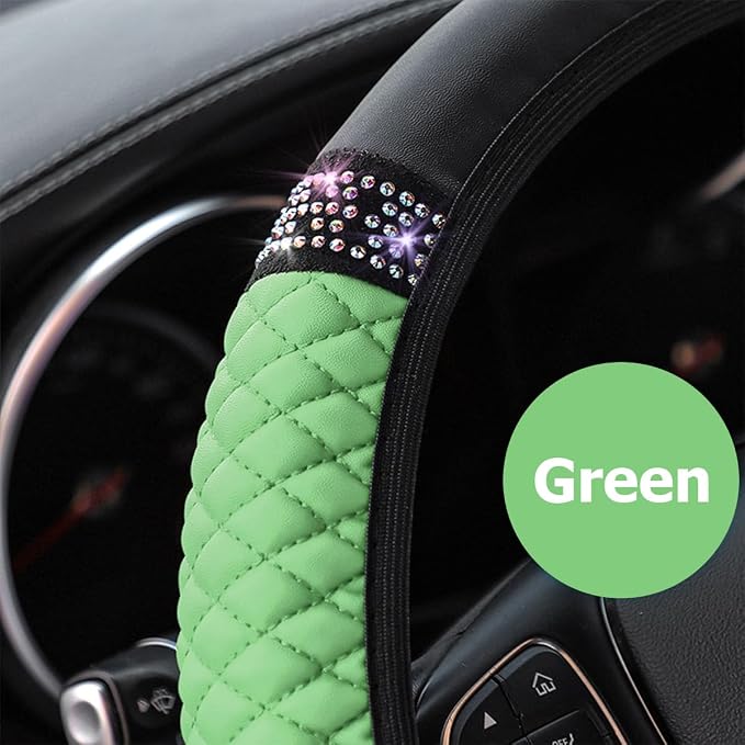 Osilly Bling Car Steering Wheel Cover, 15 Inch Rhinestones Soft Leather Elastic Steering Wheel Protector, Sparkly Crystal Diamond for Women Girls (Green)