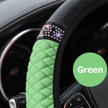 Osilly Bling Car Steering Wheel Cover, 15 Inch Rhinestones Soft Leather Elastic Steering Wheel Protector, Sparkly Crystal Diamond for Women Girls (Green)