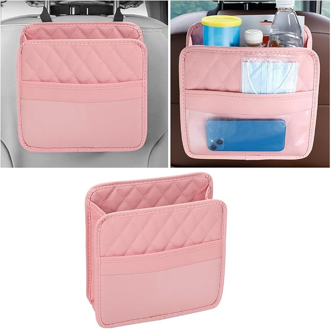 Mandark Car Seat Back Organizer, PU Leather Vehicle Backseat Hanging Storage Pocket, Multipurpose Auto Travel Essentials Accessories for Kids & Adults, Universal for Most Cars (Pink)