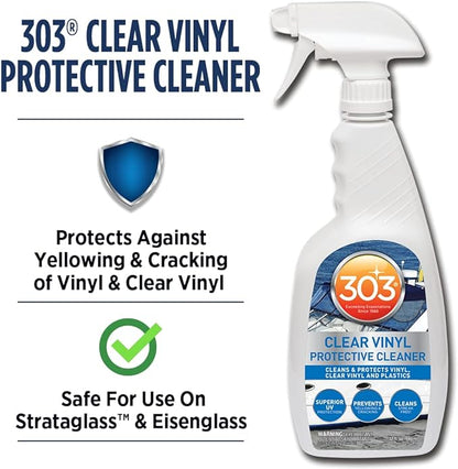 Cleans and protects clear marine vinyl while helping prevent yellowing, hazing, and cracking.
