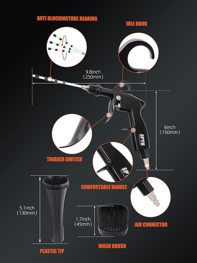 SPTA Car Cleaning Gun, Car Blow Gun Trumpet Head High Pressure Dryer Blow Gun, Car Cleaning Air Gun Kit, Vortex Air Cleaning Tool for Quickly Blasts Dirt and Dust from Surface