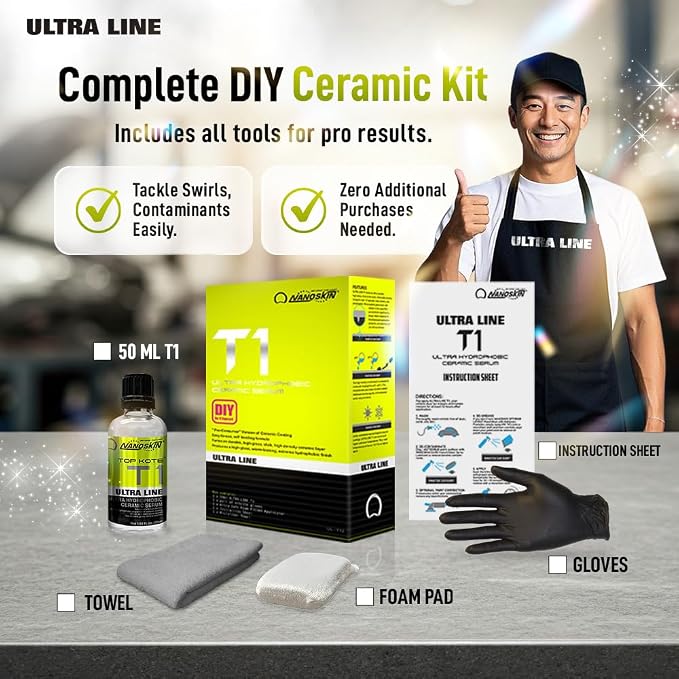 Nanoskin T1 Ultra Hydrophobic Ceramic Serum, 45-Minute DIY SiO2 Car Coating Kit, Self-Leveling & High-Gloss Sealer, Easy Application for Cars, Trucks, Boats, Motorcycles, Use After Car Wash & Clay