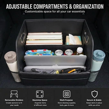 Car Storage Organizer with 2 Cup Holders Reinforced Dividable Leather Car Caddy Basket for Front Seat Floor Back Sturdy Frosted Handle 8 Compartments Adjustable Strap Buckles Slip-Resistant