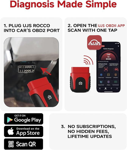 Rocco OBD2 Scanner Bluetooth for iOS Android, AI Diagnostic Tool for Car Buying Repair, No Subscription Fee, AutoVIN, 45000+ Fault Codes, Check & Clear Engine Codes, Real-Time Data, Vehicles 1996+