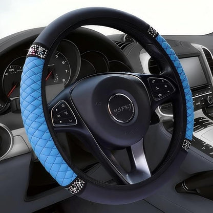 Soft Leather Car Steering Wheel Cover, Universal 15 Inch Colorful Rhinestones Anti-Slip Elastic Steering Wheel Covers for Most Cars, Sparkly Crystal Diamond for Women Girls (Blue)