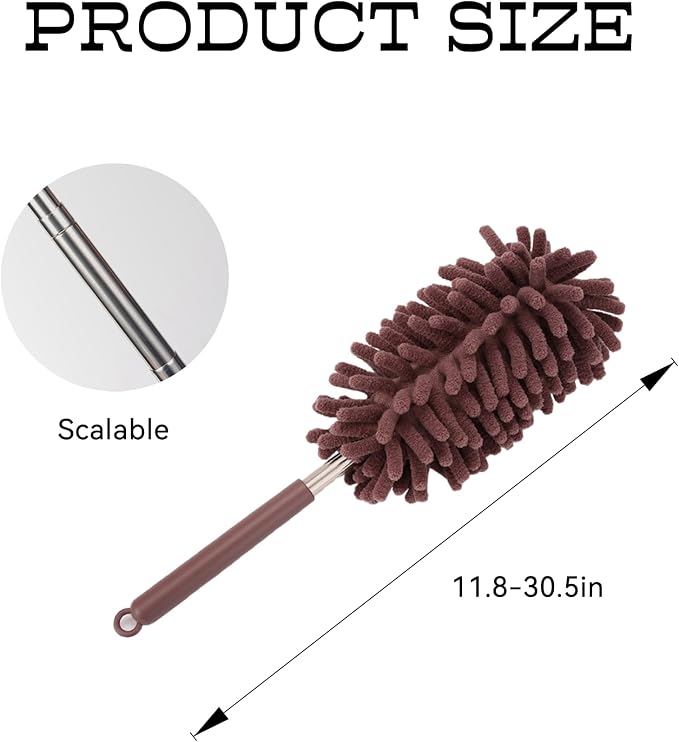 2PCS Car Interior Duster with Extension Pole, Microfiber Retractable Dusters Auto Dash Cleaning Tool, Soft Chenille Hand Washable Dusters for Vehicle Window Office Furniture (Brown)