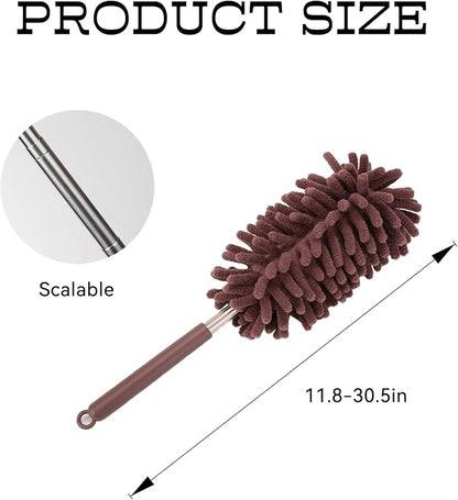 2PCS Car Interior Duster with Extension Pole, Microfiber Retractable Dusters Auto Dash Cleaning Tool, Soft Chenille Hand Washable Dusters for Vehicle Window Office Furniture (Brown)