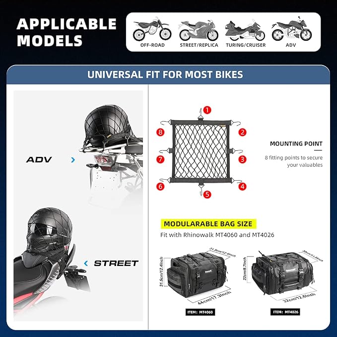 Rhinowalk Motorcycle Luggage Net Cargo Net Helmet Luggage Net with Adjustable Metal Hooks for Motorcycles and Bicycles