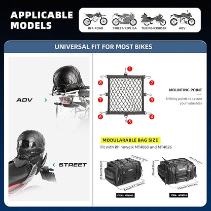 Rhinowalk Motorcycle Luggage Net Cargo Net Helmet Luggage Net with Adjustable Metal Hooks for Motorcycles and Bicycles
