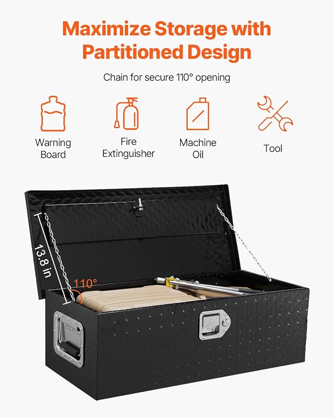 VEVOR Aluminum Truck Bed Tool Box, 30 Inch Heavy Duty Diamond Plate Tool Box with Side Handles, Lock and Keys, Trailer Storage Organizer Chest Box for Pickup, RV, Truck Bed, 30 x 13 x 9.6 in, Black