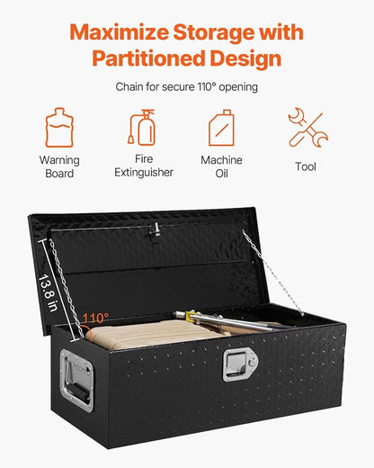 VEVOR Aluminum Truck Bed Tool Box, 30 Inch Heavy Duty Diamond Plate Tool Box with Side Handles, Lock and Keys, Trailer Storage Organizer Chest Box for Pickup, RV, Truck Bed, 30 x 13 x 9.6 in, Black