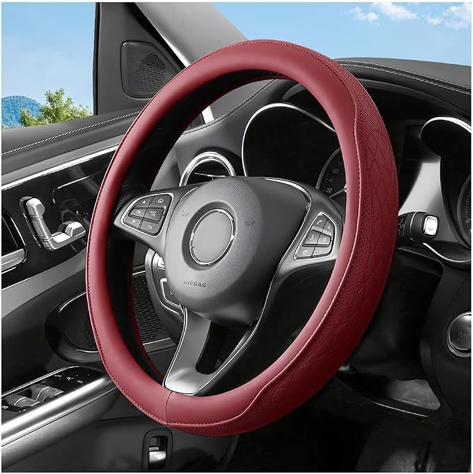 Zpana Car Steering Wheel Cover, 14.5-15" Breathable Soft Leather Vehicle Steering Wheel Protector with Anti-Slip Lining, Comfortable Auto Interior Decoration Accessories, Universal Fit (Red)