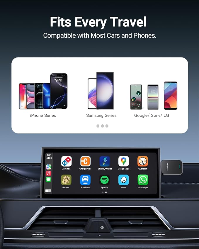 ZUCWO 2-in-1 Mini Wireless CarPlay Adapter for iOS Andriod Auto Plug and Play Low Latency Portable Carplay Adapter Converts Wired to Wireless CarPlay for iOS10+/Android 11+ (Blue)