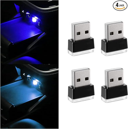 4 PCS USB LED Car Interior Atmosphere Lamp, Portable Mini LED Night Light, Plug-in USB Interface Trunk Ambient Lighting Kit, Universal Interior Car Accessories (2 Blue+2 Ice Blue)