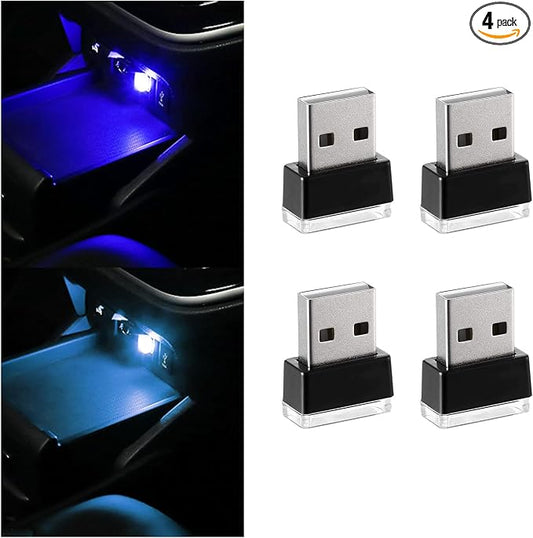4 PCS USB LED Car Interior Atmosphere Lamp, Portable Mini LED Night Light, Plug-in USB Interface Trunk Ambient Lighting Kit, Universal Interior Car Accessories (2 Blue+2 Ice Blue)