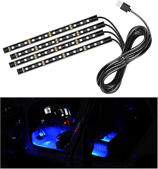 Car LED Strip Light, 48 LEDs RGB Neon Interior Atmosphere Lights, 12V Under Dash Ambient Night Light, USB Port Auto Interior Decorative Lamp, Universal Car Accessories (Blue)