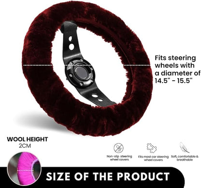 Andalus Brands Luxury Fluffy Car Steering Wheel Covers – Genuine Merino Sheepskin, Soft Fuzzy Car Steering Wheel Cover for Women, Universal 14.5-15" Size, Plush Fur Cute Auto Accessories, Dark Red