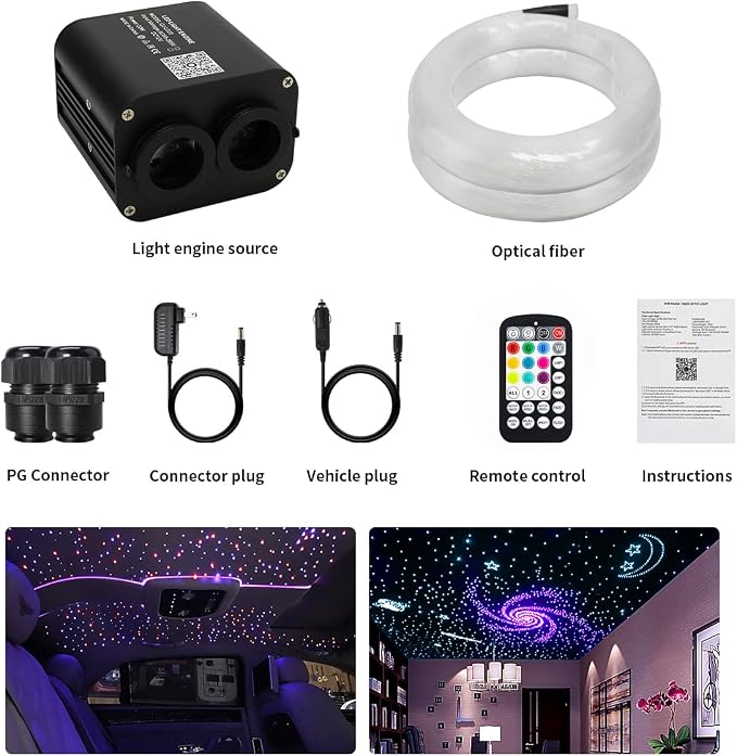 AZIMOM Dual Color 20W Twinkle Fiber Optic Starlight Kits 600pcs*0.03in*9.8ft Fiber Strands End Glow Sound Activated Remote APP Control RGBW Light Source Home Car Ceiling Headliner Décor