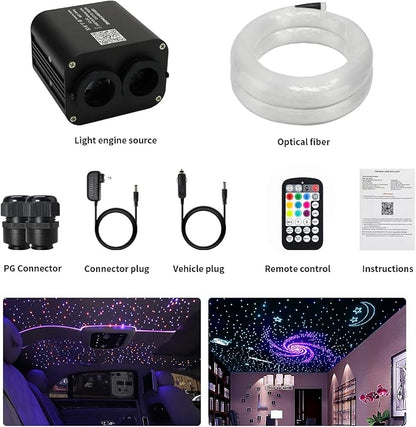 AZIMOM Dual Color 20W Twinkle Fiber Optic Starlight Kits 600pcs*0.03in*9.8ft Fiber Strands End Glow Sound Activated Remote APP Control RGBW Light Source Home Car Ceiling Headliner Décor