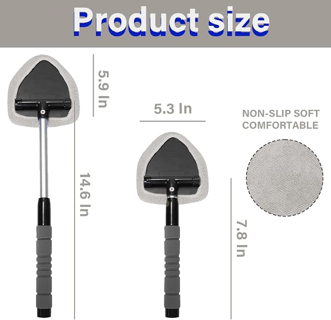 Windshield Cleaning Tool, Car Window Cleaner with 4 Washable Reusable Microfiber Pads, Extendable Long Handle Glass Wiper Cleaning Kit, Auto Accessories Universal for Office and Home (Gray)