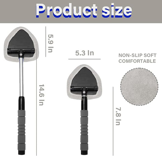 Windshield Cleaning Tool, Car Window Cleaner with 4 Washable Reusable Microfiber Pads, Extendable Long Handle Glass Wiper Cleaning Kit, Auto Accessories Universal for Office and Home (Gray)