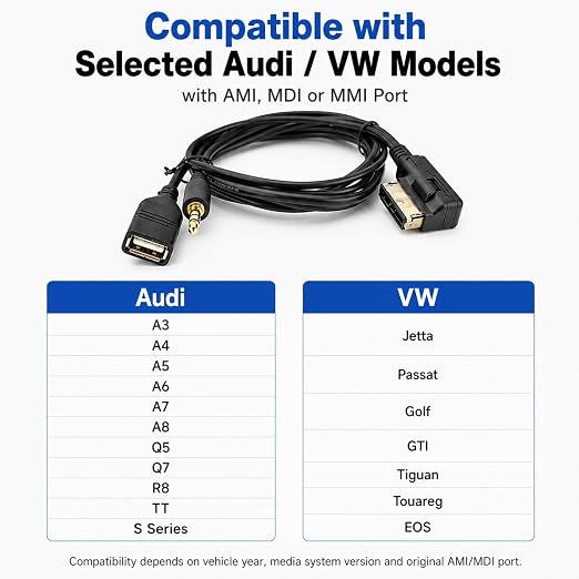 AMI MMI MDI to 3.5mm Jack Music Interface Aux Cable Compatible with A3 A4 A6 Q5 Q7 V.W