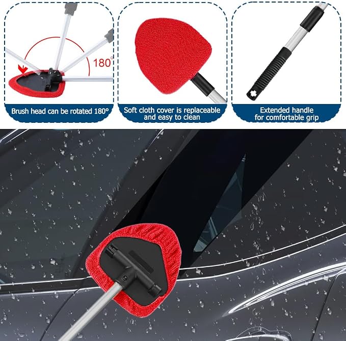 Car Wash Brush with Long Handle, Windshield Cleaning Tool, Car Washing Mop Kit Mitt Sponge Car Cleaning Supplies Kit, Microfiber Towel Gloves Universal for Cars RV SUV Truck Office (Red)