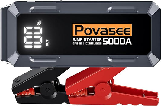 Povasee Car Battery Jump Starter 5000A Jump Box (All Gas/10L Diesel) Portable Car Jump Starter Battery Pack, 12V Jumper Starter Portable 3" LCD Display/Power Bank/Dual Output/LED Light DC