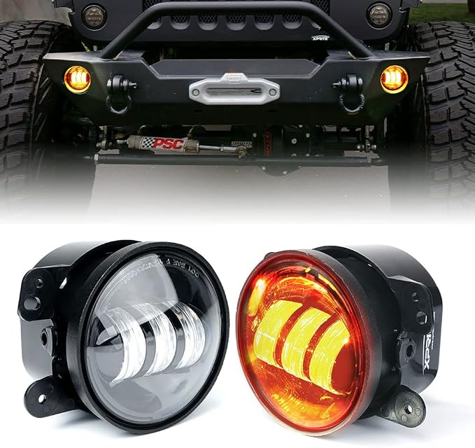 Xprite 4" Inch Amber LED Fog Light Compatible with 2007-2018 Jeep Wrangler JK JKU, Driving Offroad Foglights, DOT Approved Front Bumper Replacements Fog Lamps, Amber