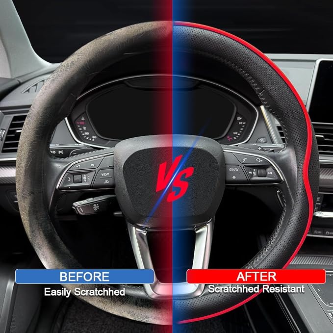 HAOTULE Leather Steering Wheel Cover， with Anti-Slip Stripe Design - Enhanced Grip, Fashion Style, Safe, Non-Slip, Breathable. Upgrade car Interior，Black red