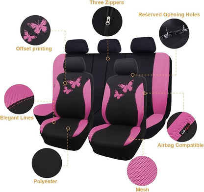 Flying Banner Butterfly car seat Covers ful Set Fashion Universal Lady Woman Female Rear Bench Split Colorized (Full Set, Pink)