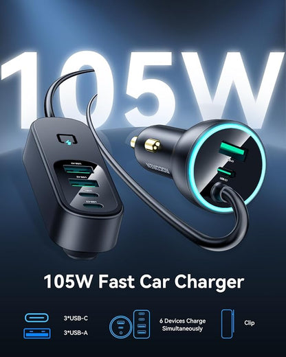 Rocoren 105W 6-Port Multiport Car Charger, PD Fast USB C Car Charger for Multiple Devices,Cigarette Lighter Adapter Car Travel Essentials for Road Trips with 5FT Cable,Car Accessories for iPhone 17/16