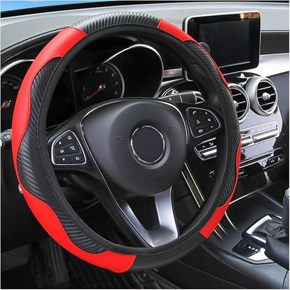 Osilly Car Steering Wheel Cover, 15 inch Carbon Fiber Microfiber PU Leather Elastic Steering Wheel Protector for Men Women, Anti-Slip Breathable Car Interior Accessories for Most Cars (Red)