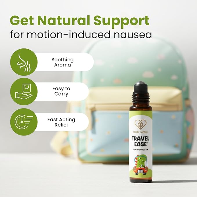 Herb Tantra Travel Ease Junior Kids Roll On,Natural Anti Nausea Relief for Car, Cruise, Airplane, Road Trip & Flight, Essential Oil Based Non drowsy Alternative for Motion Sickness