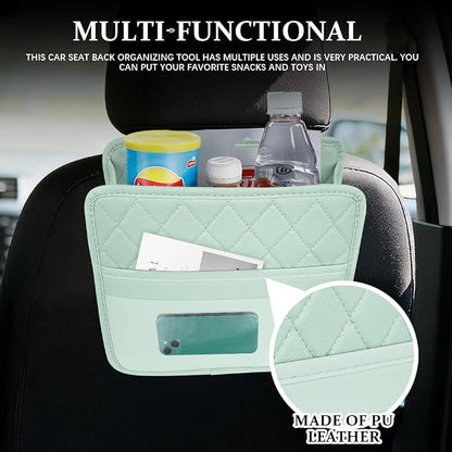 Car Seat Back Organizer, Leather Backseat Hanging Storage Bag, Multipurpose Car Hanging Trash Bag with 2 Compartments, Car Large Capacity Pouch Pocket for Kids & Adults (Green/Transparent Bag)