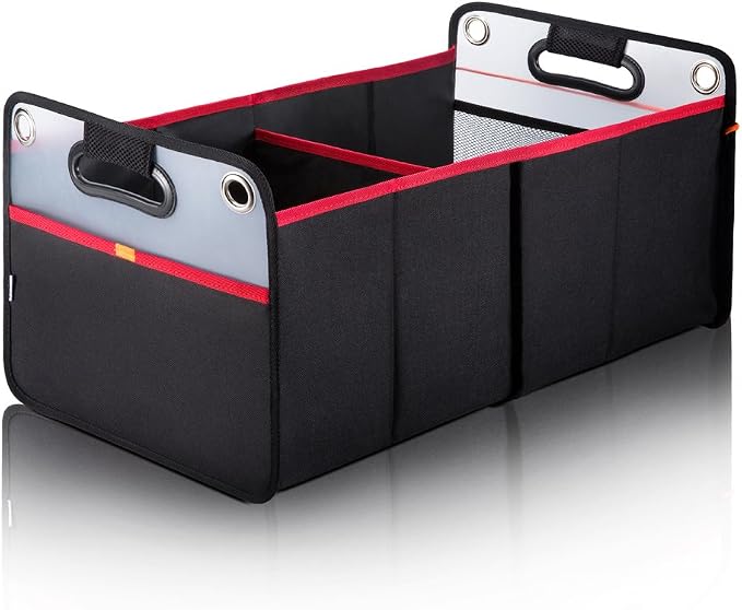 Car Trunk Organizer, Collapsible Auto Trunk Organizer Storage, Portable Grocery Cargo Container with Two Large Compartments for SUV, Vehicle, Truck, Home and Office