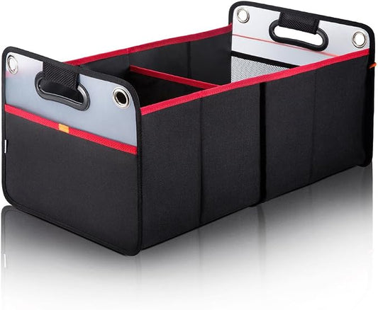 Car Trunk Organizer, Collapsible Auto Trunk Organizer Storage, Portable Grocery Cargo Container with Two Large Compartments for SUV, Vehicle, Truck, Home and Office