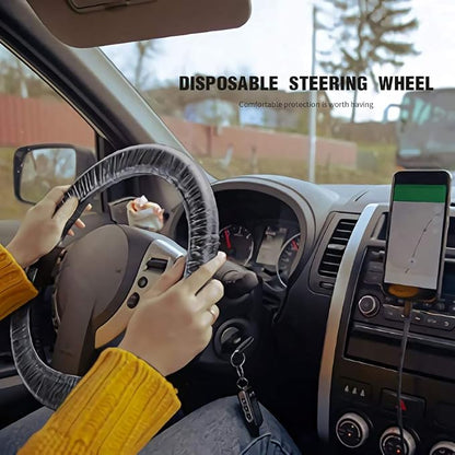 ICWEIMEI 500PCS Universal Disposable Steering Wheel Cover Plastic Transparent Car Steering Wheel Covers with Elastic Trims for Steering Wheels