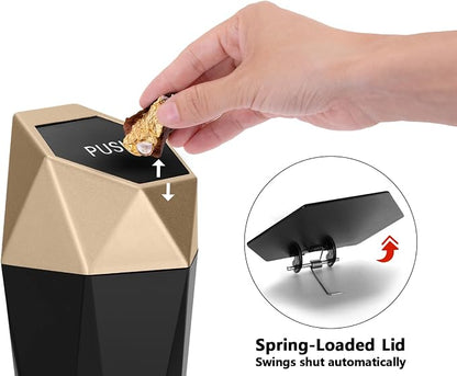 Ginsco Car Trash Can Cup Holder, Mini Car Trash Can with Lid, Car Accessories for Interior, Leakproof Small Trash Cup for Car, Home with Additional 2 ABS Hooks and 90pcs Trash Bags Golden