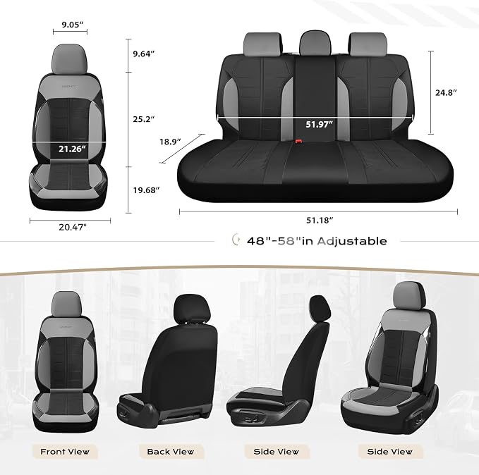 Coverado Leather and Air Mesh Seat Cover, Car Seat Cover Rear Seats, 3D Breathable Seat Protectors Sports Carbon Fiber Airbag Compatible Comfort Universal for Most Cars, Van,Trucks, SUV, Black&Grey