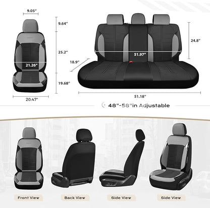 Coverado Leather and Air Mesh Seat Cover, Car Seat Cover Rear Seats, 3D Breathable Seat Protectors Sports Carbon Fiber Airbag Compatible Comfort Universal for Most Cars, Van,Trucks, SUV, Black&Grey