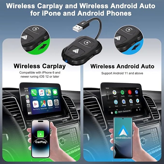 Wireless CarPlay & Android Auto Adapter, Car Navigation Dongle, Compatible with Most Cars, with Toggle Switch, Ideal for Two People Using The Same car, one with iOS and The 2nd with Android