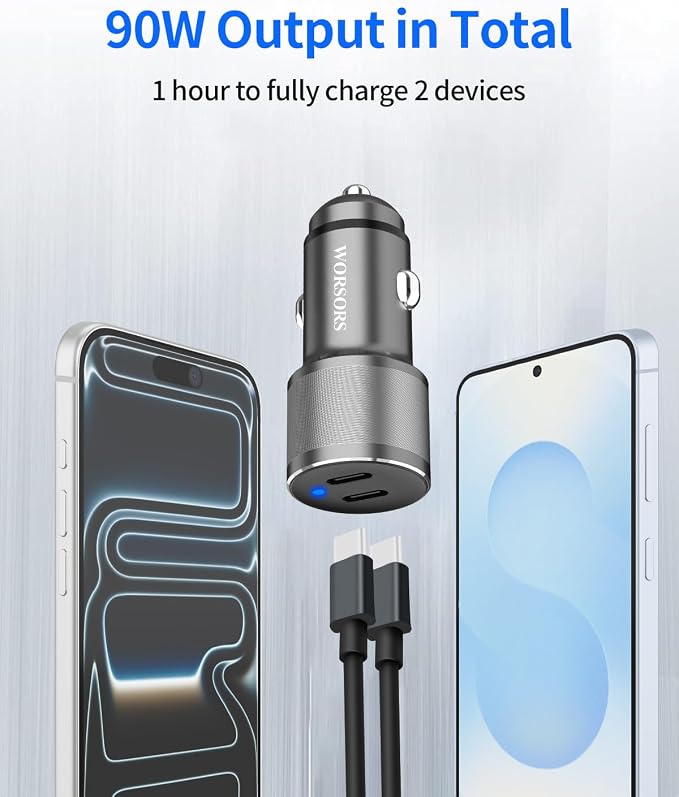 Dual 45W USB C Car Charger, 90W Max Super Fast Charging, All Metal 12V Cigarette Lighter Adapter for iPhone 17 Pro Max/16/15/iPad, Samsung Galaxy S26+/S25, Google Phones with 2 Type C Cable 3.3ft Gray