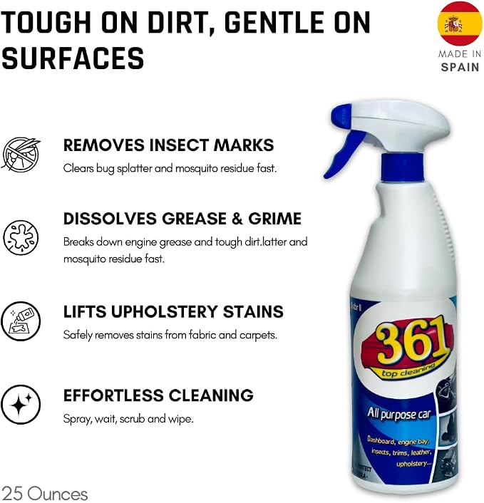 Sisbrill 361 Multi Purpose Car Interior Cleaner Spray - Stain Remover Seat Cleaner, Upholstery, Dashboard, Leather - Car Cleaning Supplies Interior and Exterior - Pack of 2 (25 fl oz Each)