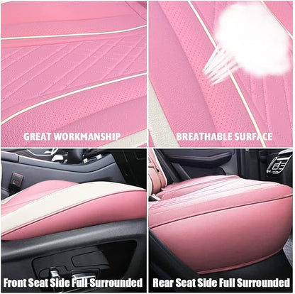 SanQing Car Seat Covers Full Set, Super Luxurious Heavy Duty Waterproof Leather Automotive Vehicle Cover for Cars SUV Pick-up Truck, Universal Non-Slip Seat Car Accessories (Full Set/Pink)
