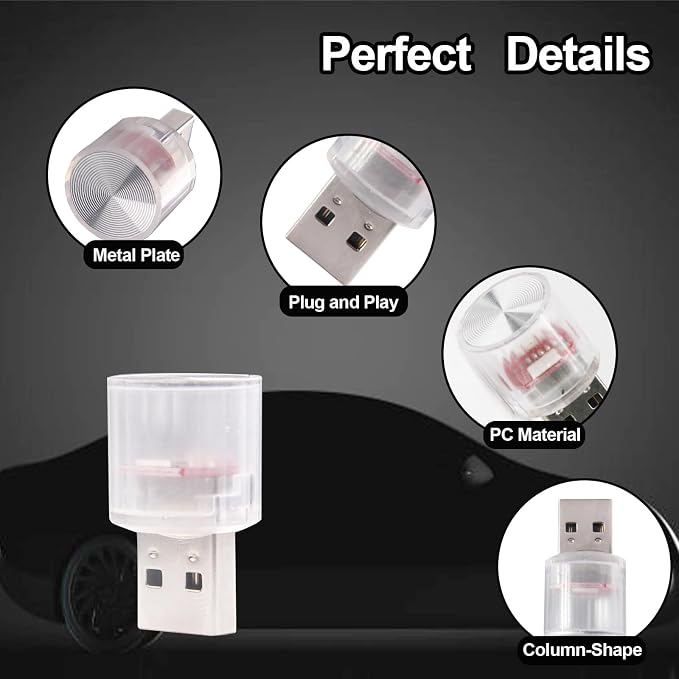 USB LED Car Interior Night Light, 2 PCs, Atmosphere Lamp, Mini Decoration Lights, Ambient Atmosphere Night Lamp, USB Night Light for All Car Interiors (White)