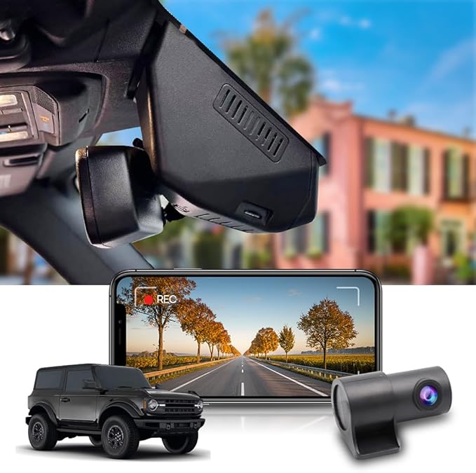Fitcamx Front 2K+Rear 1080P Dash Cam for 2021-2024 Ford Bronco & Rapor (Not for Bronco Sport) HD2-14873, OEM Style, Dual HD Video, WiFi & APP, Loop Recording, G-Sensor, Easy to Set, 64GB Card