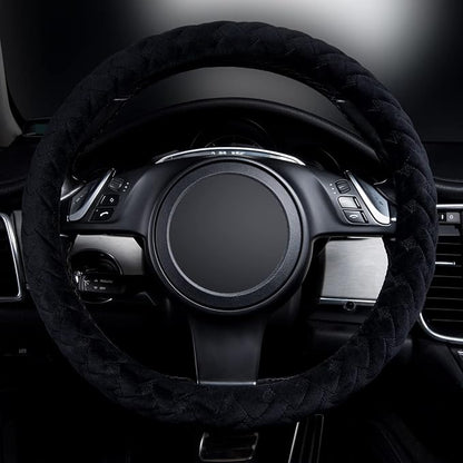 Flying Banner car Steering Wheel Cover Soft Velvet Warm Universal Size 15 inches SUV Truck Anti Slip Odorless Summer Winter (Black, Velvet Massage)